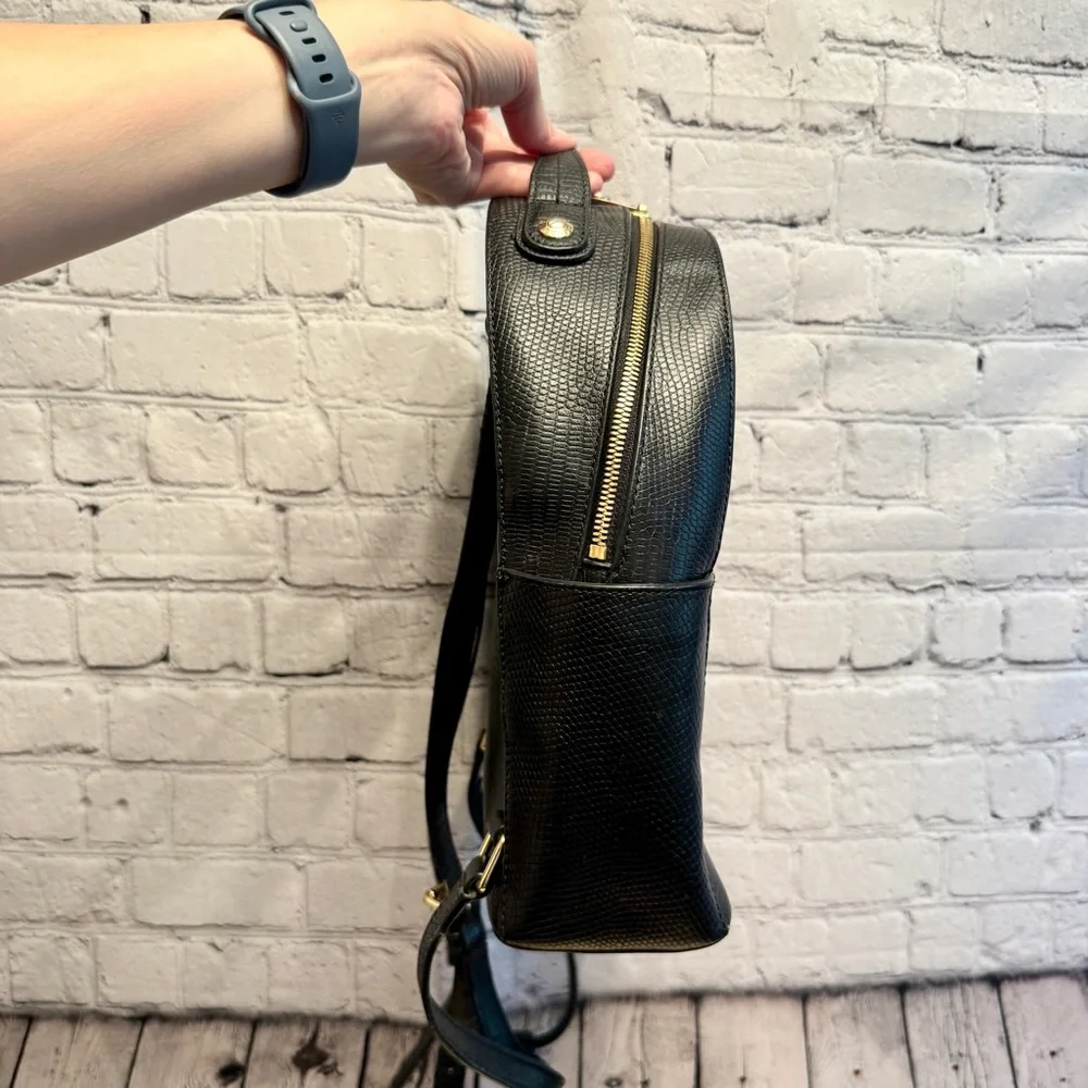 Henri Bendel Black Reptile Embossed Leather Backpack Structured Bag quiet luxury